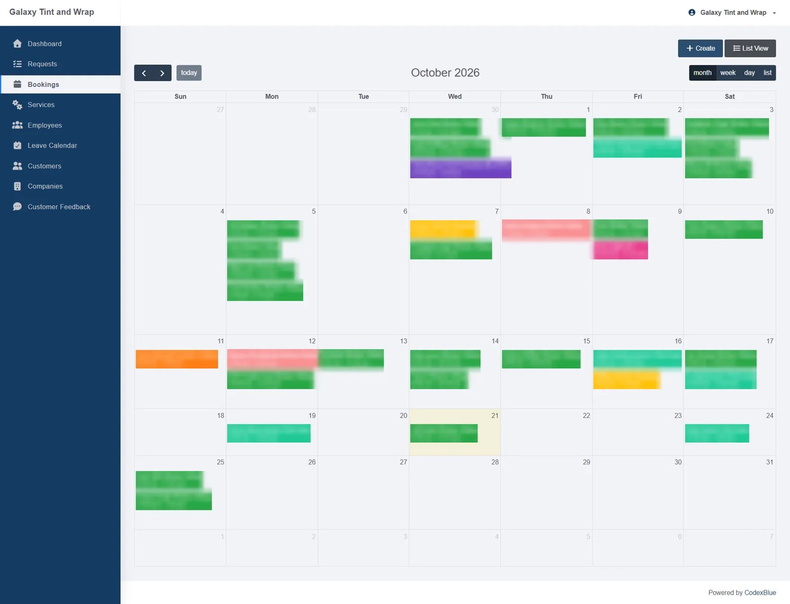 Booking calendar of a Gold Coast tint and wrap shop, October 2026, filled with jobs