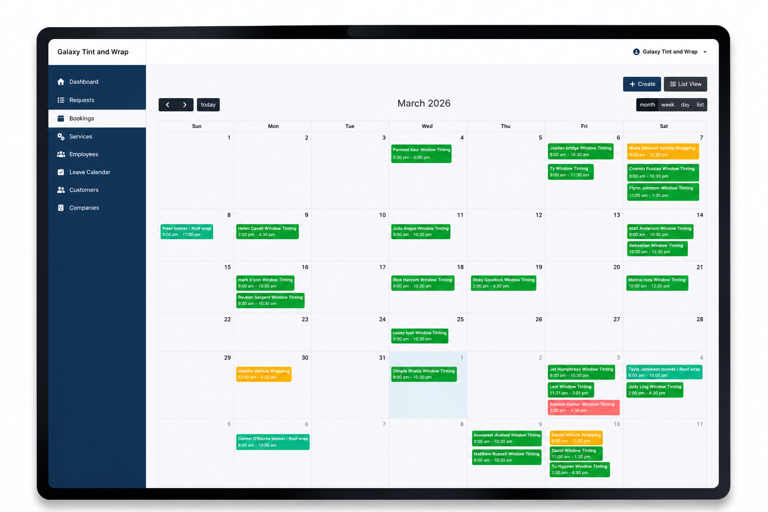 Galaxy Tint Booking Calendar